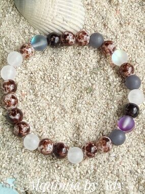 AGATE Brown, Frosted White & Purple Accent Bead Stretch Bracelet